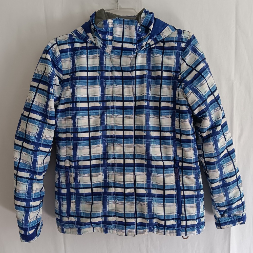Roxy Snow Jacket Girls 12 Blue Plaid 5K Waterproof Insulated Hooded